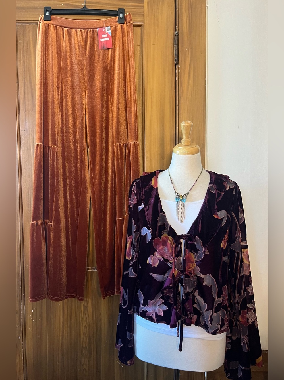 *Bundle* Boho Velvet Floral Tie-Front Top in Burgundy and Tiered Rust Pants